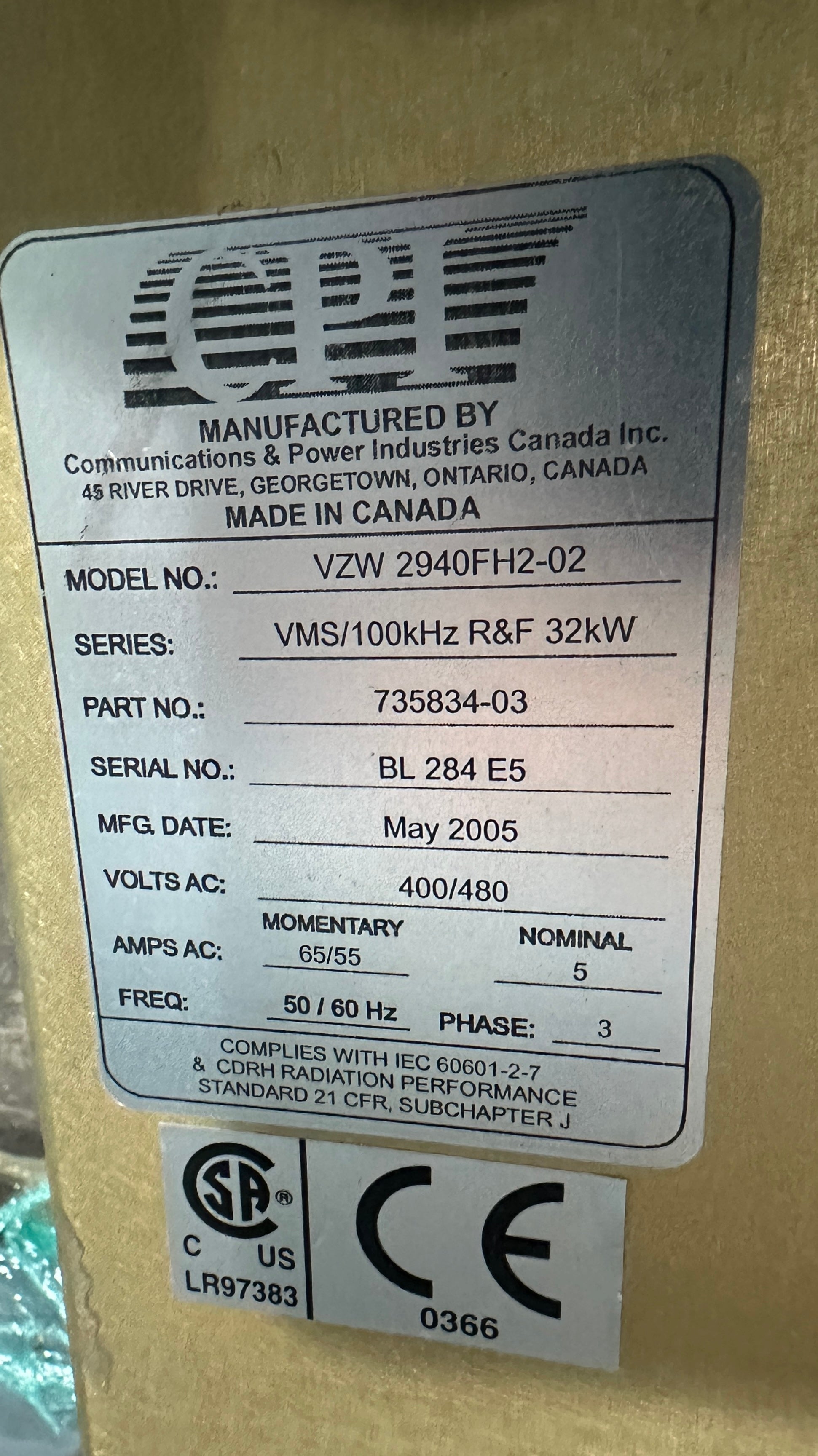 CPI Generator Varian medical systems Parts