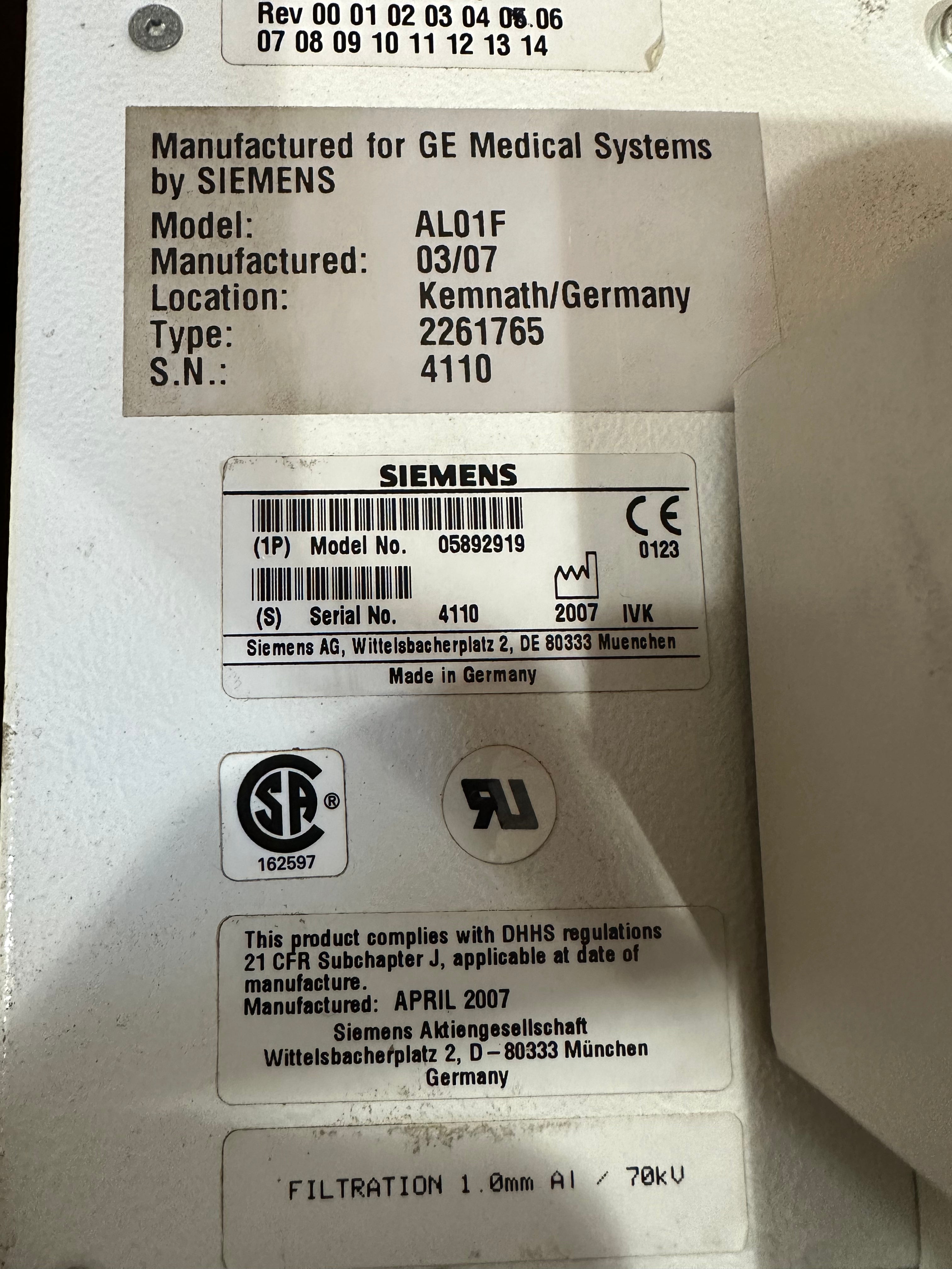 SIEMENS Collimator - X-Ray Parts P/N 5892919