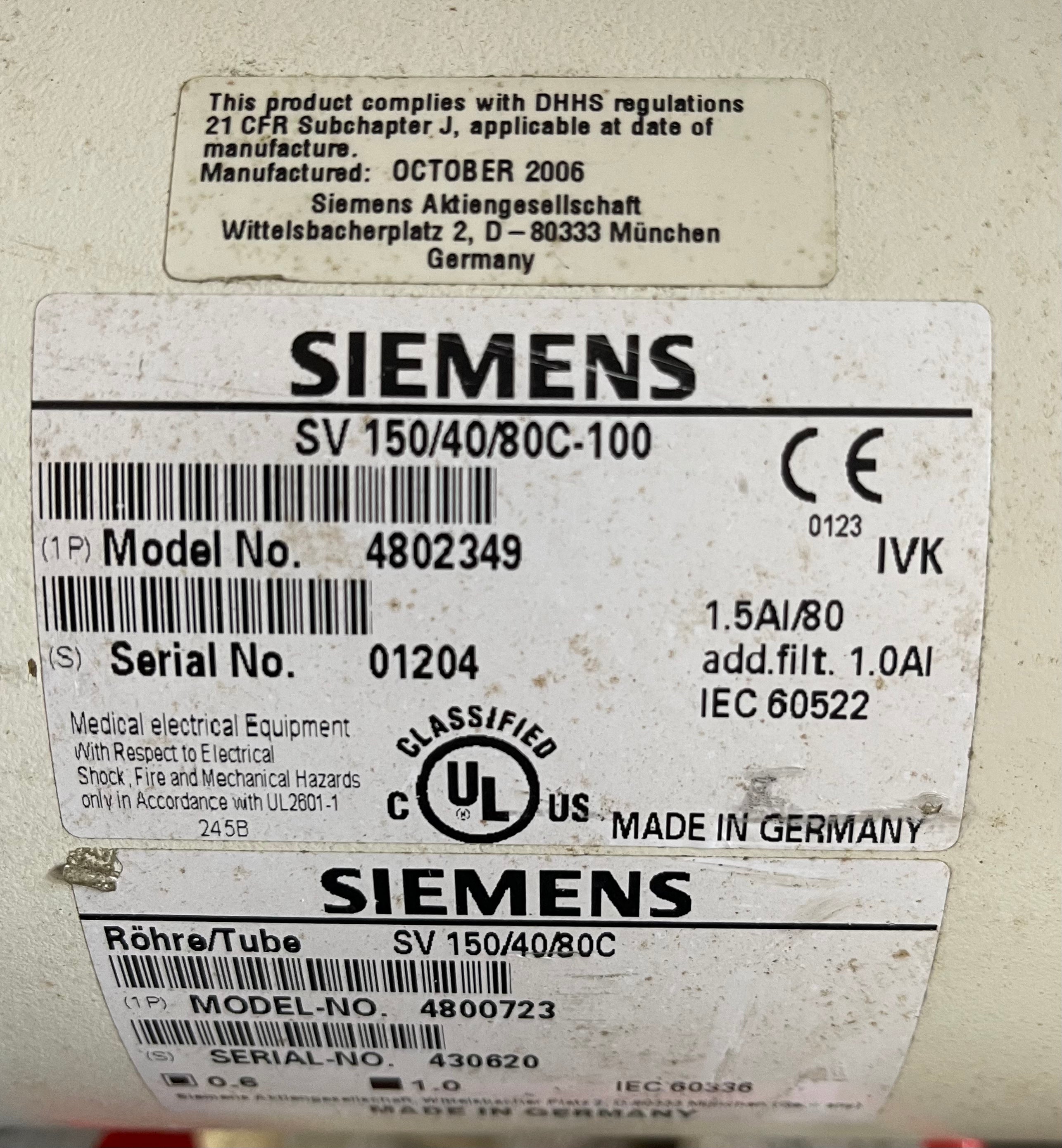 SIEMENS Multix Fusion Rad Room Parts P/N 4802349  SV150/40/80C-100